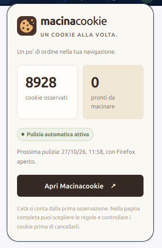 Macinacookie: 8,928 cookies observed, automatic cleanup enabled